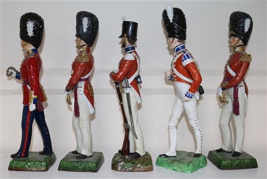 Two Dresden models of Grenadier Guards and four Sitzendorf models 27.5cm - 29cm, losses